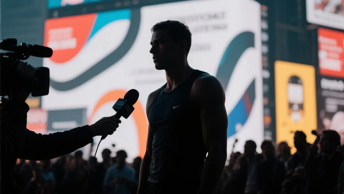 球星在聚光灯下接受采访，背后是品牌广告牌与人群，体现商业光环与压力