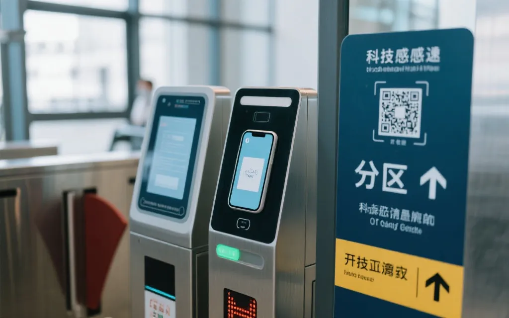 观众在闸机前使用手机NFC或二维码入场，现场有清晰分区指示牌