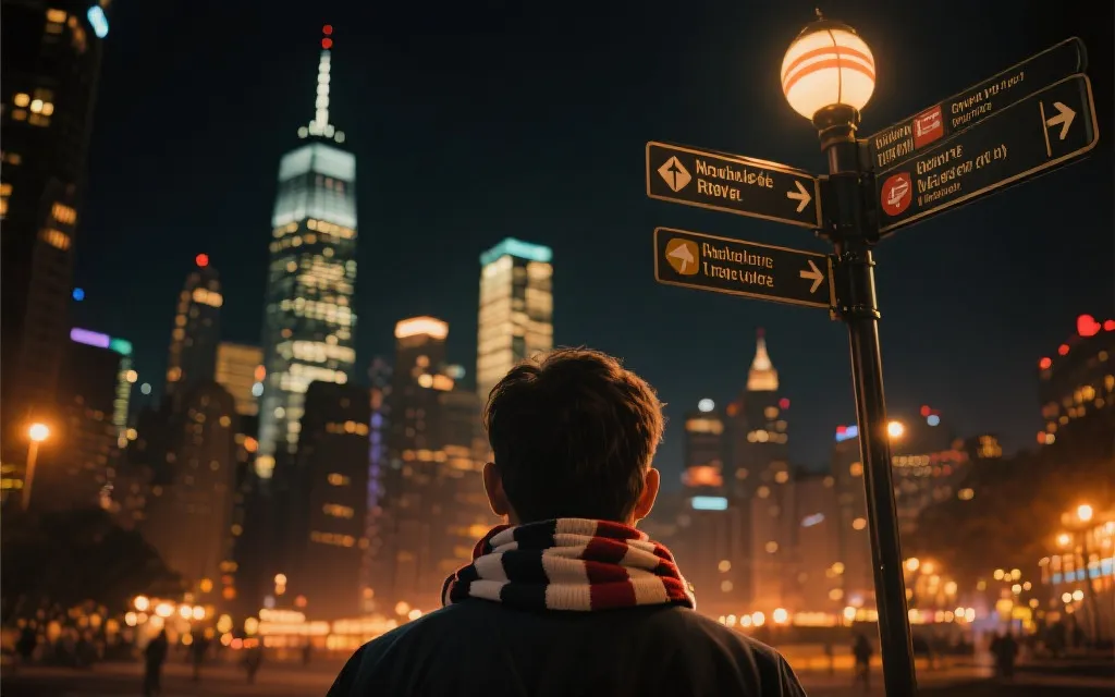 世界杯观赛城市夜景与公共交通指引的旅行海报风格